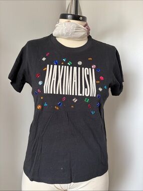 Maximalism Women's Black Graphic Tee with Multi-Colored Gem Accents